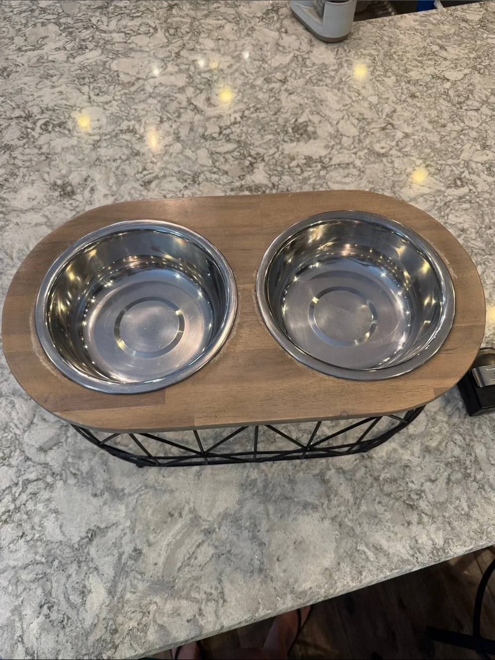Elevated Double Pet Bowl Stand in Black Metal with Wood Top large bowls